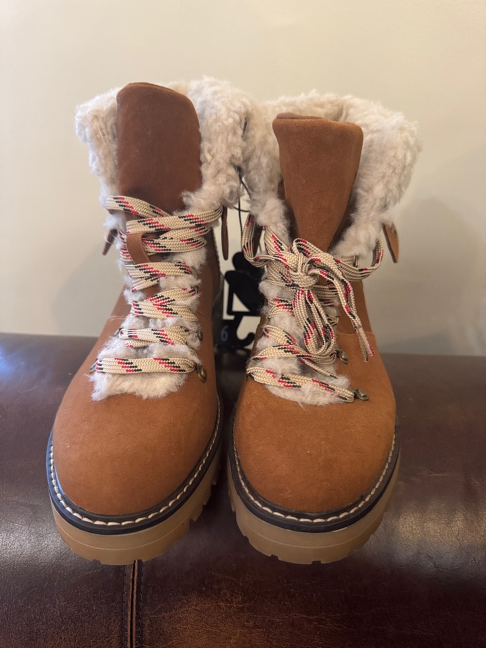 Time and Tru Tan Faux-Suede Lace-Up Winter Boots with Shearling Cuff